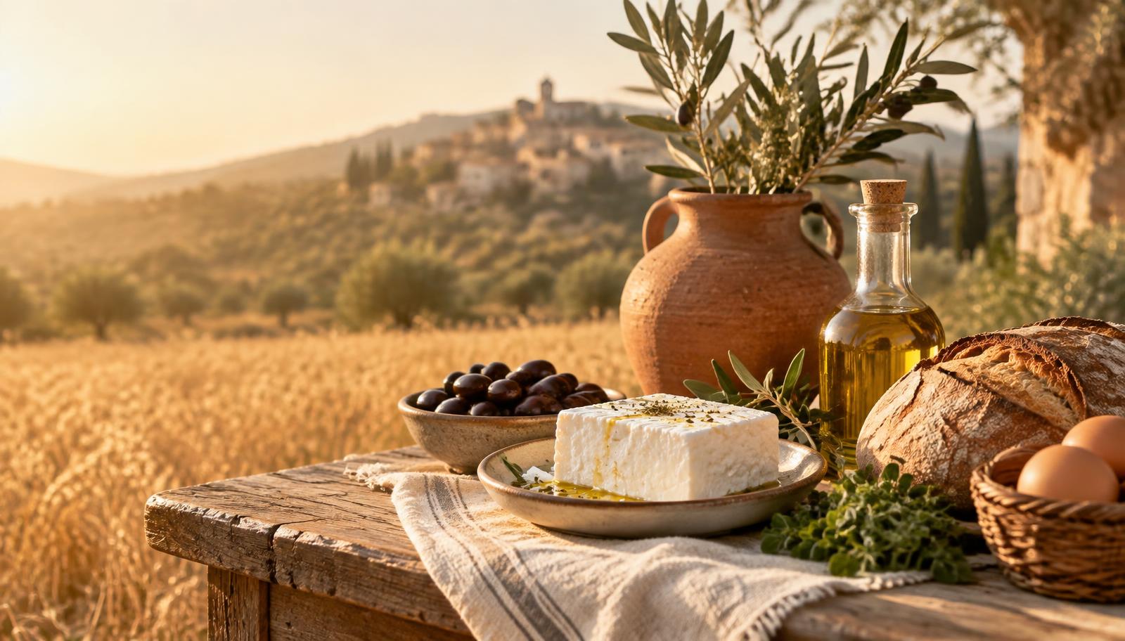 Παραδοσιακά ελληνικά προϊόντα — φέτα, ελιές, ψωμί και ελαιόλαδο — σε ξύλινο τραπέζι με φόντο τον ηλιόλουστο κάμπο